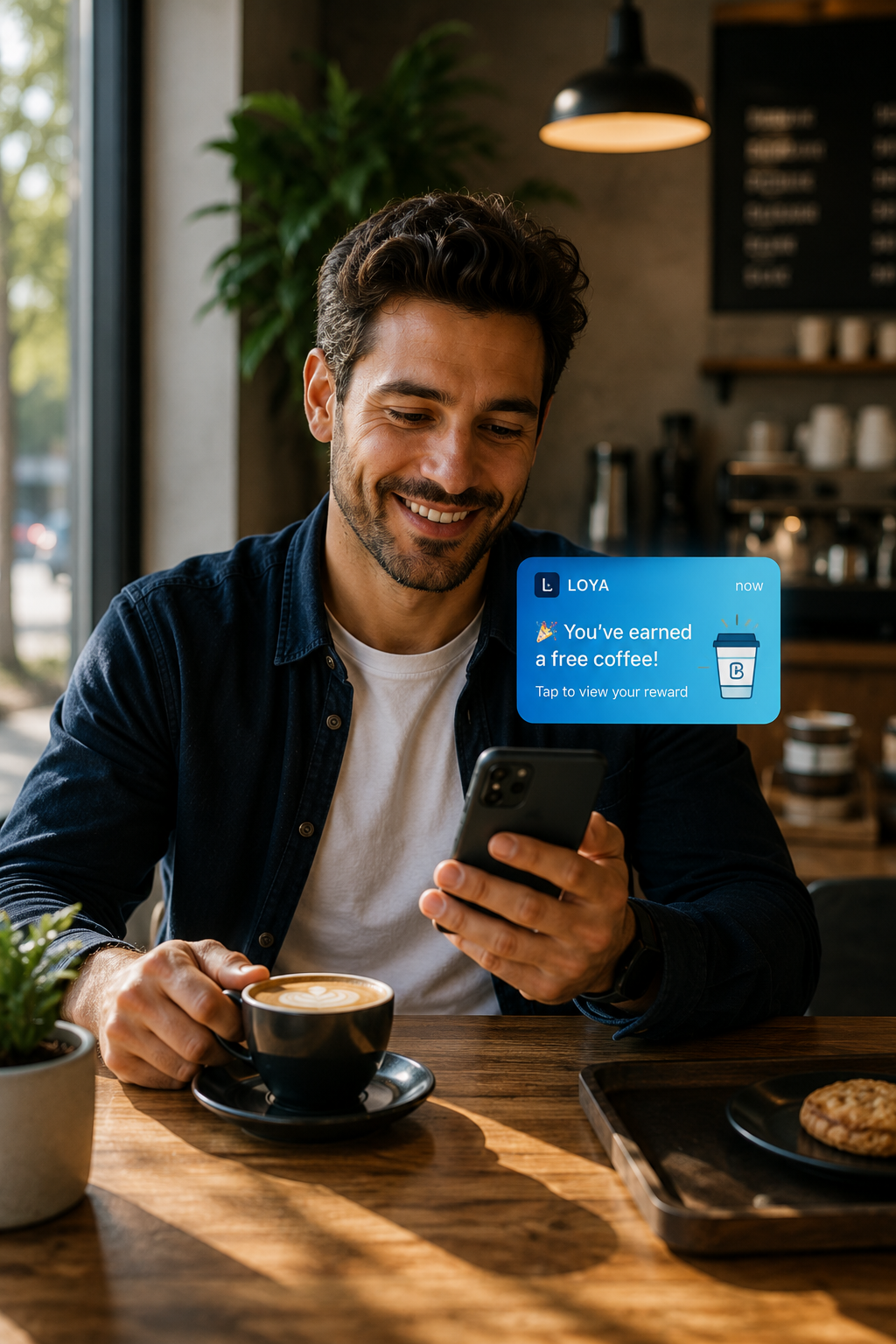 Café customer receiving a Loya free-coffee reward notification on his phone