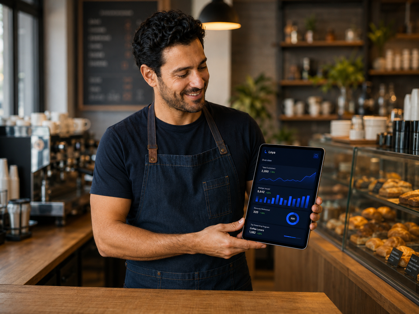 Café owner reviewing the Loya loyalty dashboard on a tablet