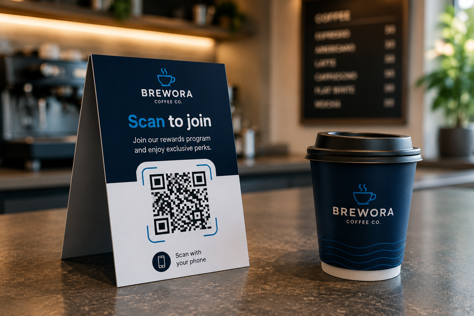 QR code standee on a café counter to join the loyalty program