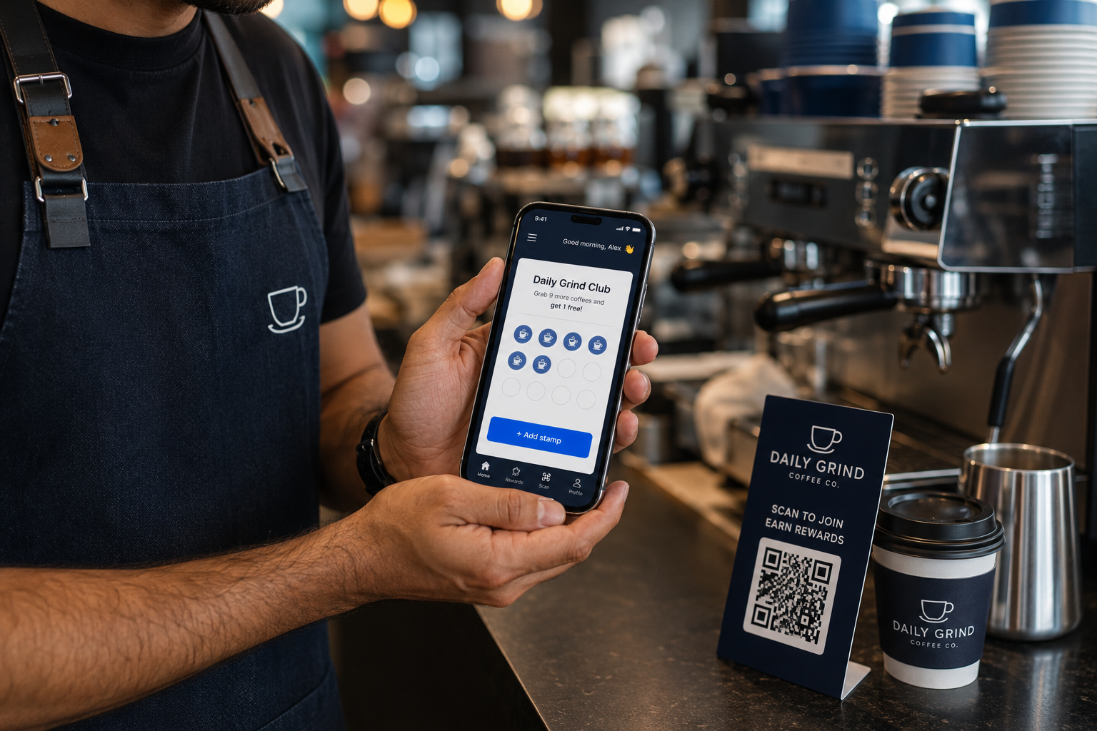 Barista using the Loya Stamper app at the counter